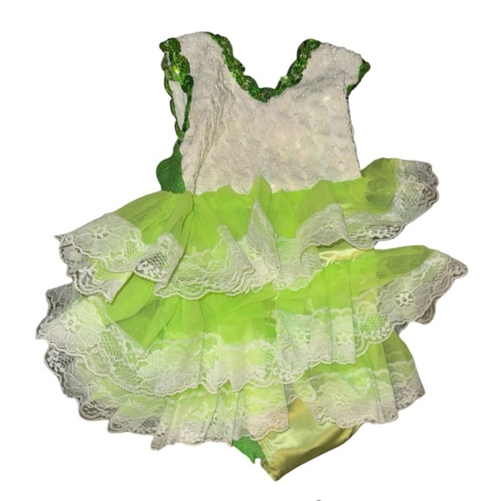 VTG neon green/ white lace ruffled/layered party pageant  dress up dress‎